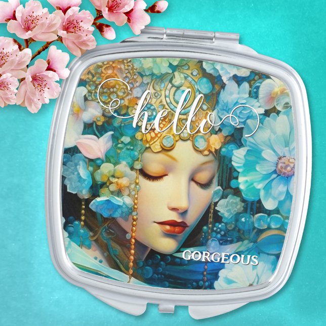 Colorful Artistic Cute Girly  Compact Mirror (An artistic compact mirror featuring a painting of a young woman covered in flowers.)