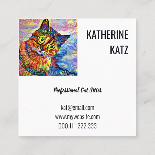 Colorful Artistic Cute Pet Cat Portrait Template   Square Business Card