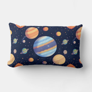 Colorful Artistic Depiction of Planets and Stars Lumbar Pillow