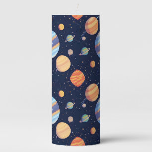 Colorful Artistic Depiction of Planets and Stars Pillar Candle