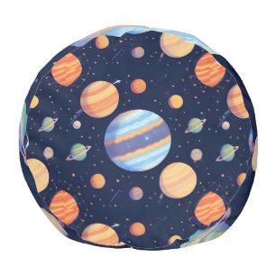 Colorful Artistic Depiction of Planets and Stars Pouf