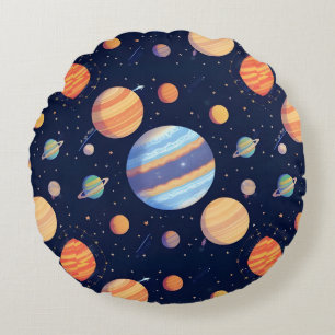 Colorful Artistic Depiction of Planets and Stars Round Pillow