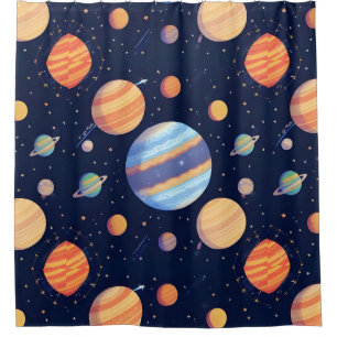 Colorful Artistic Depiction of Planets and Stars Shower Curtain