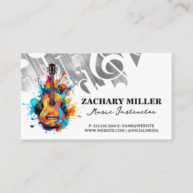 Colorful Artistic Guitar | Musical Notes Business Card (Front)