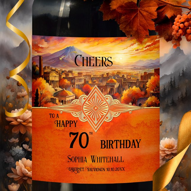 Colorful Artistic Happy Birthday Wine Label (Birthday wine label showing a watercolor Italian town at sunset with art deco gold design on orange)