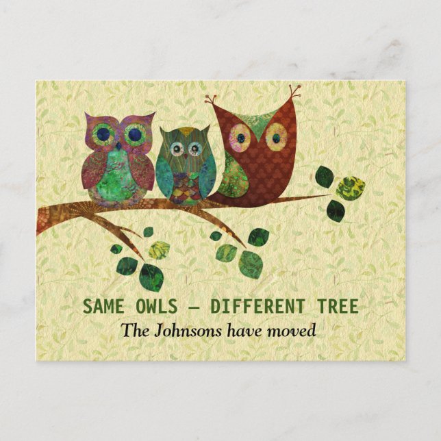 Colorful Artistic Owls New Address Announcement Postcard (Front)