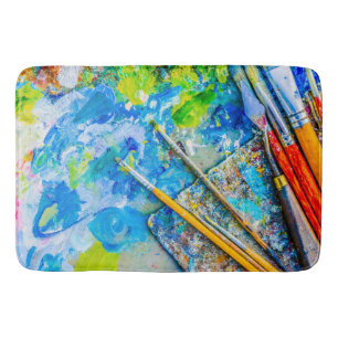 Colorful Artistic Palette And Brushes unique funny Bath Mat