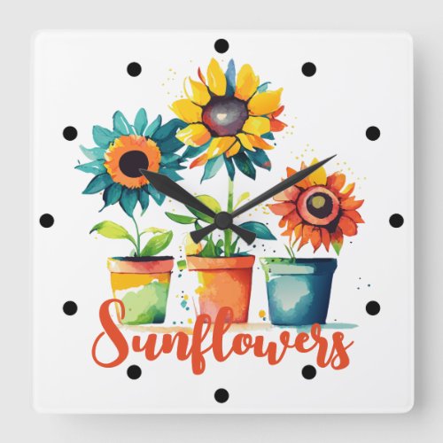 Colorful Artistic Potted Sunflowers Square Wall Clock