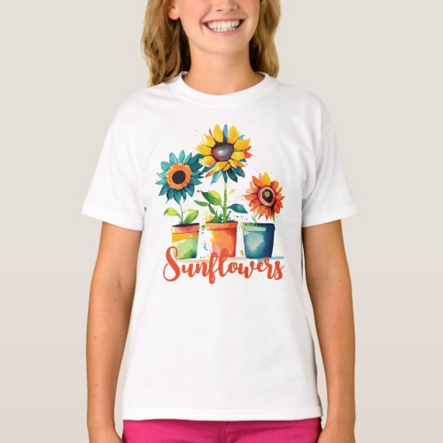 Colorful Artistic Potted Sunflowers T_Shirt