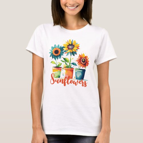 Colorful Artistic Potted Sunflowers T_Shirt