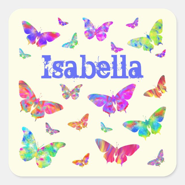 Colorful Artsy Butterfly Pattern Isabella Name Square Sticker (Front)