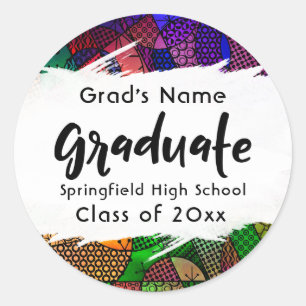 Colorful, Artsy, Geometric, Typography Graduation Classic Round Sticker