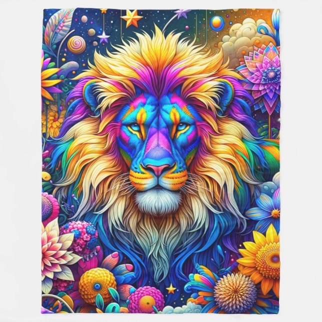 Colorful Artsy Lion Fleece Blanket (Front)