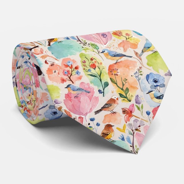 Colorful Arty Birds and Flowers Watercolor Neck Tie (Rolled)