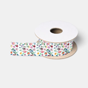 Colorful Assorted Flowers White Background Satin Ribbon