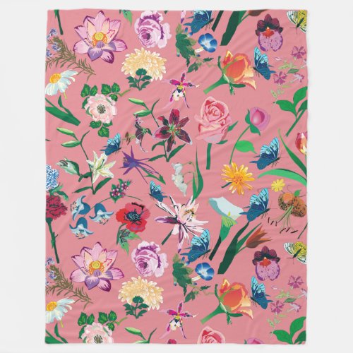 Colorful Assorted Spring Flowers Pink Background Fleece Blanket