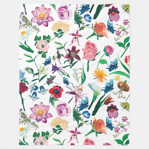 Colorful Assorted Spring Flowers White Background Fleece Blanket