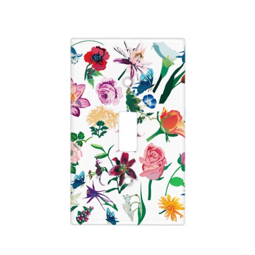 Colorful Assorted Spring Flowers White Background Light Switch Cover