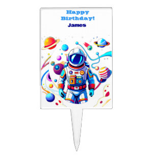 Colorful Astronaut and Univers in Bold Colors Cake Topper