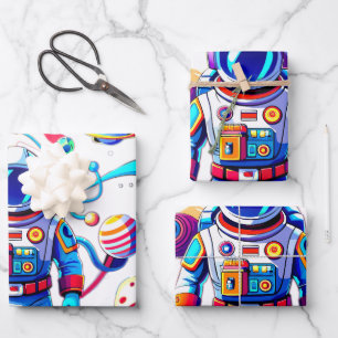 Colorful Astronaut and Univers in Bold Colors Wrapping Paper Sheets