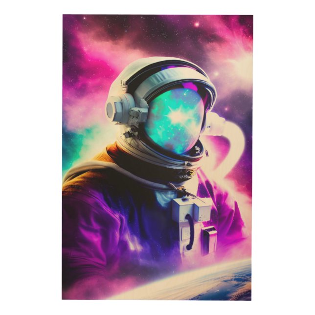 Colorful Astronaut in Outer Space Wood wall art (Front)