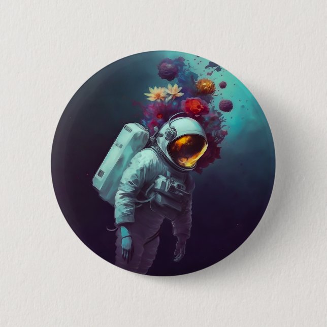 Colorful Astronaut in Space with Flowers Artwork | Button (Front)