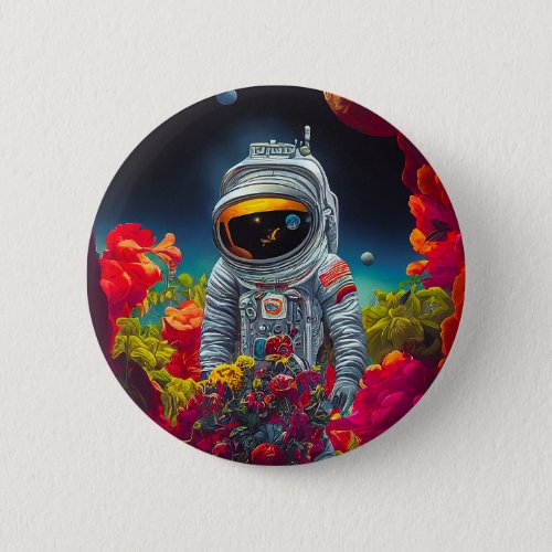 Colorful Astronaut in Space with Flowers Artwork  Button