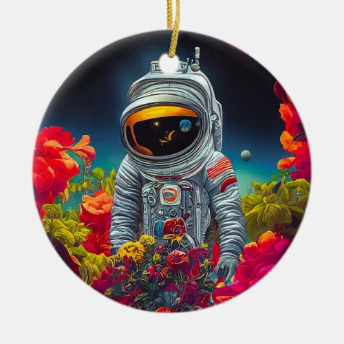 Colorful Astronaut in Space with Flowers Artwork  Ceramic Ornament