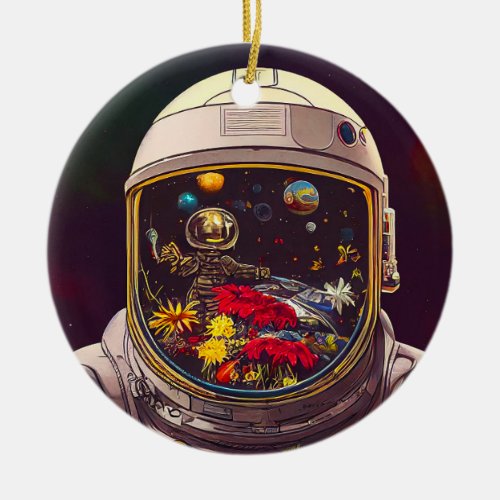 Colorful Astronaut in Space with Flowers Artwork  Ceramic Ornament