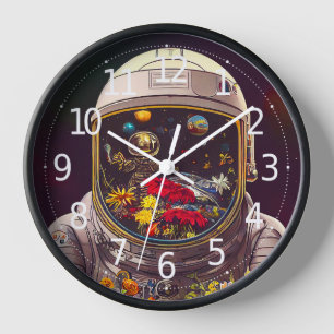Colorful Astronaut in Space with Flowers Artwork Clock
