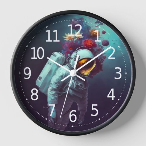 Colorful Astronaut in Space with Flowers Artwork  Clock