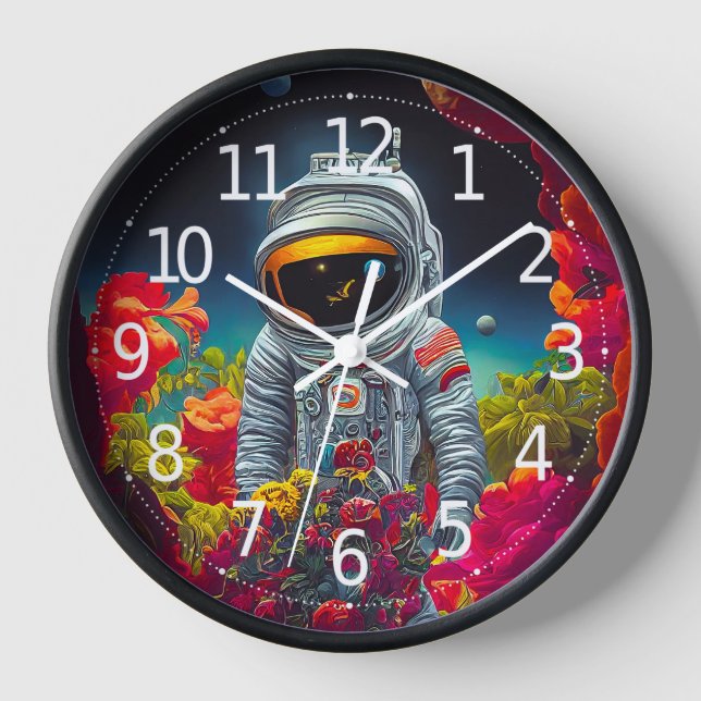 Colorful Astronaut in Space with Flowers Artwork | Clock (Front)