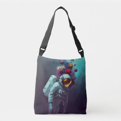Colorful Astronaut in Space with Flowers Artwork  Crossbody Bag