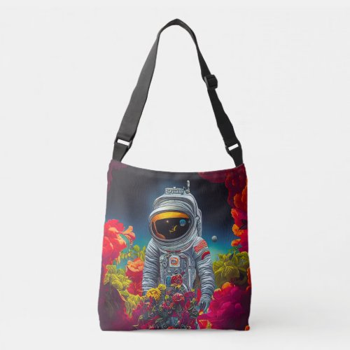 Colorful Astronaut in Space with Flowers Artwork  Crossbody Bag