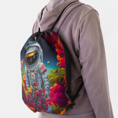 Colorful Astronaut in Space with Flowers Artwork  Drawstring Bag
