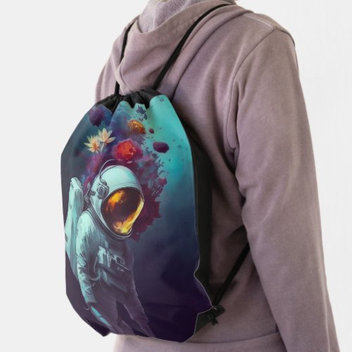Colorful Astronaut in Space with Flowers Artwork  Drawstring Bag
