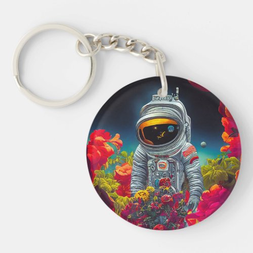 Colorful Astronaut in Space with Flowers Artwork  Keychain