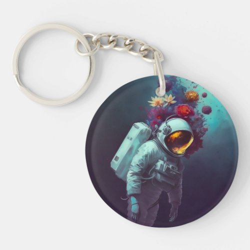 Colorful Astronaut in Space with Flowers Artwork  Keychain