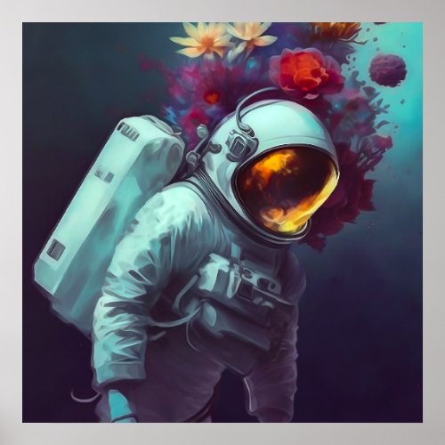 Colorful Astronaut in Space with Flowers Artwork  Poster