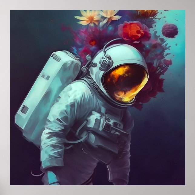 Colorful Astronaut in Space with Flowers Artwork | Poster (Front)
