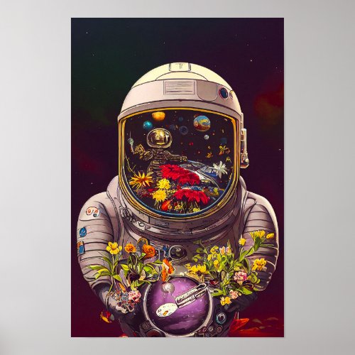 Colorful Astronaut in Space with Flowers Artwork  Poster