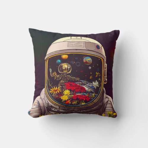Colorful Astronaut in Space with Flowers Artwork  Throw Pillow
