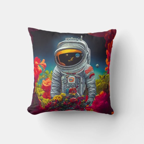 Colorful Astronaut in Space with Flowers Artwork  Throw Pillow