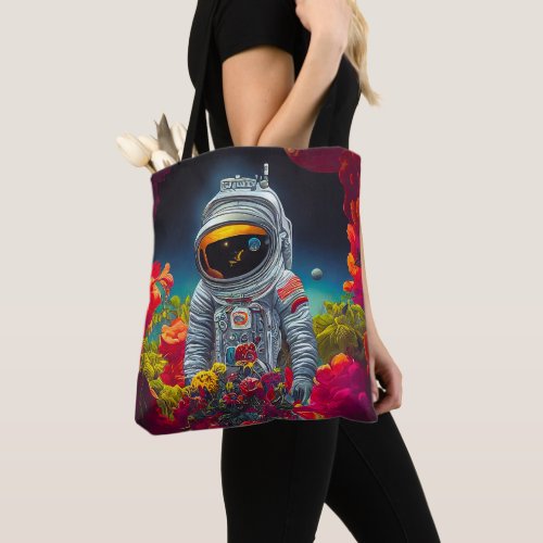 Colorful Astronaut in Space with Flowers Artwork  Tote Bag