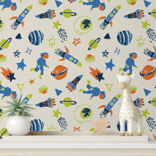 Colorful Astronaut Space Kids Room Decor Wallpaper