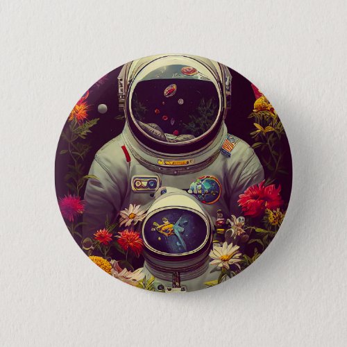 Colorful Astronauts in Space with Flowers Artwork Button