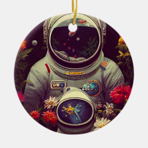 Colorful Astronauts in Space with Flowers Artwork Ceramic Ornament