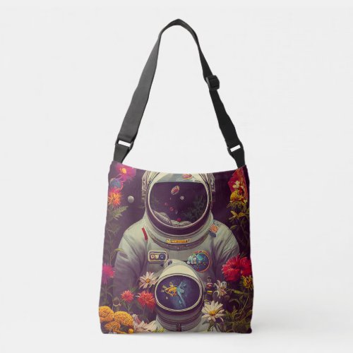 Colorful Astronauts in Space with Flowers Artwork Crossbody Bag
