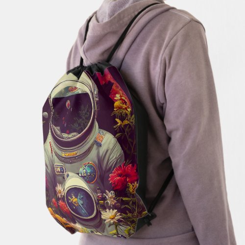Colorful Astronauts in Space with Flowers Artwork Drawstring Bag