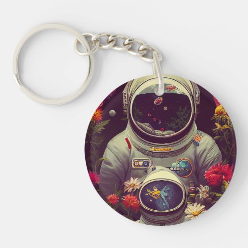 Colorful Astronauts in Space with Flowers Artwork Keychain